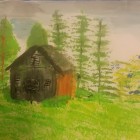 View "An old, wooden cottage on hill landscape"